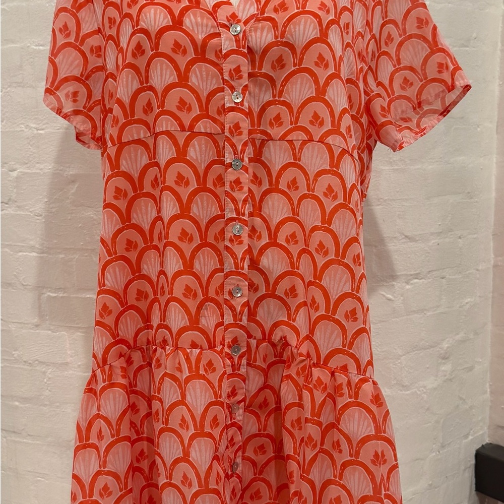 J MARIE Dress Size L Pink Coral Knee Sleeveless High Neck Ruffle Lined